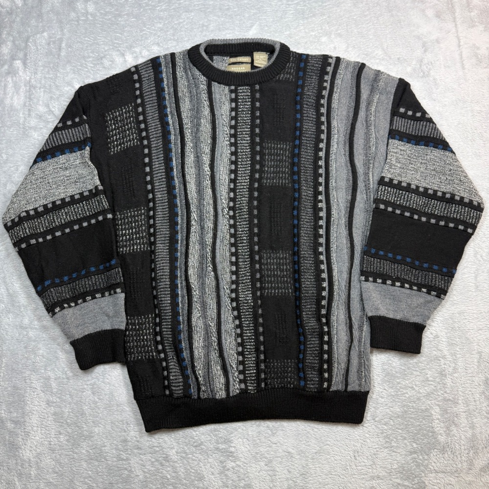 Vintage Haggar Sweater Mens XL Black Gray 3D Knit Textured Wool Blend 90s